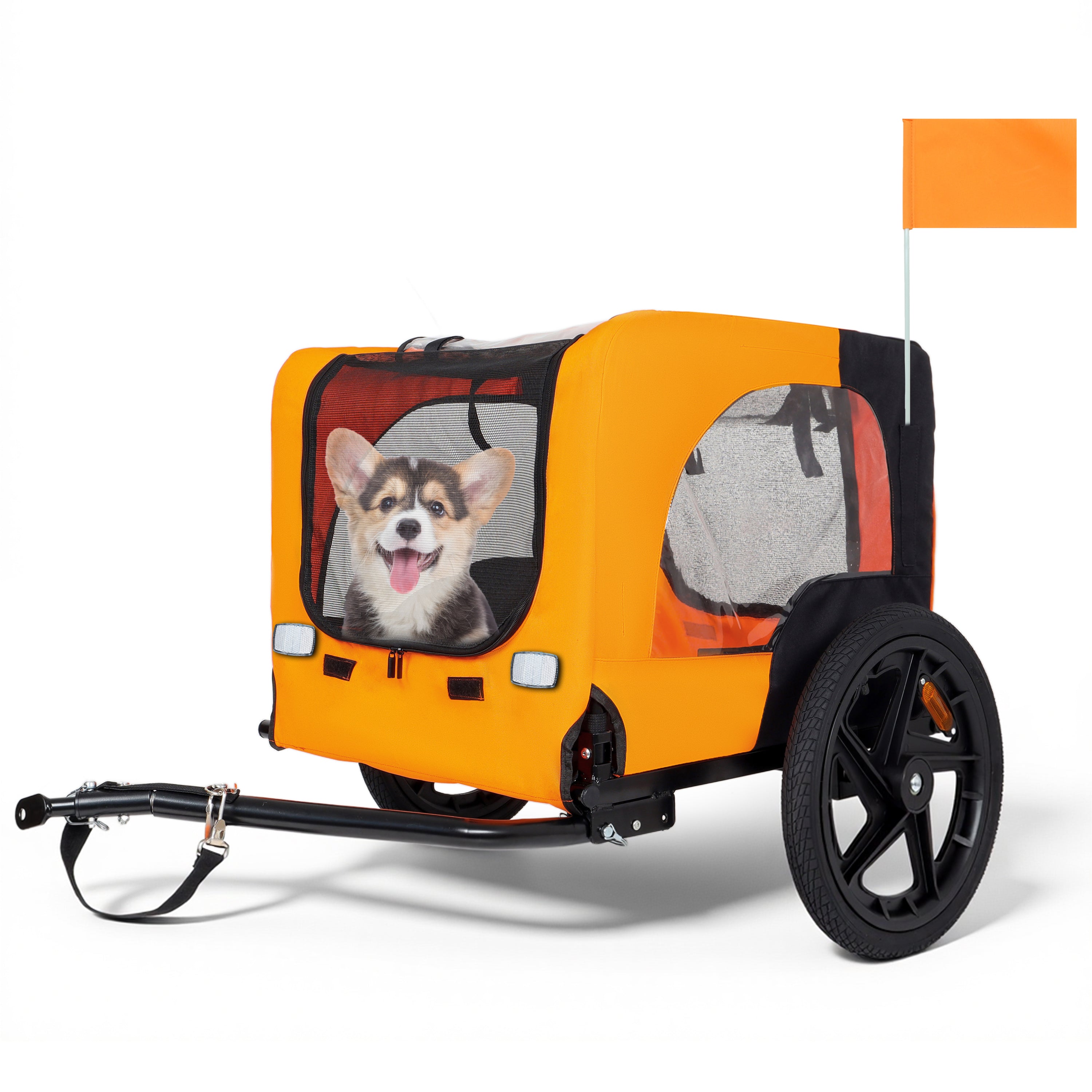 Outdoor Heavy Duty Collapsible Pet Bike Trailer with 16-Inch All-Terrain Wheels & Universal Hitch – Foldable Dog/Cargo Carrier Cart for Bicycles, black+orange