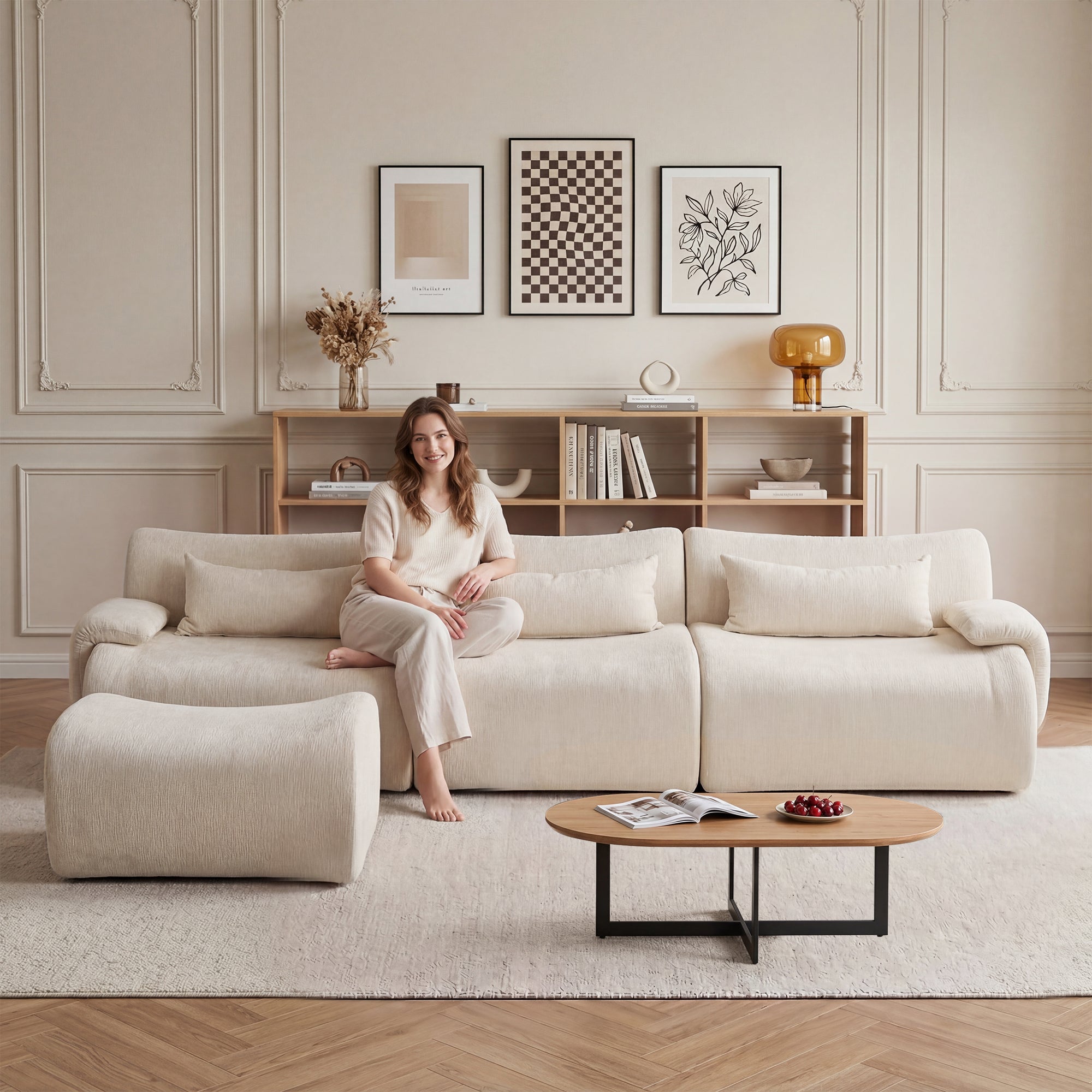 White Boneless Sofa – 3-Seat Modular Couch with Curved Armrests, Anti-Slip Base & High-Density Sponge, No Assembly Required