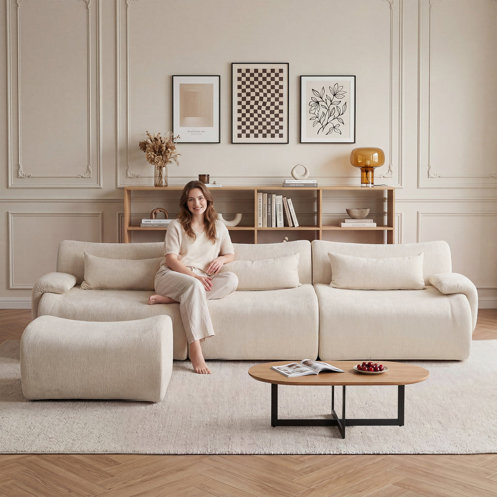 Boneless Sofa,3 Seat High-Quality ,Anti-Slip Design,No Assembly Curved Armrests Streamlined Design,Assembly Chaise 32D High Density Sponge For Living Rooms Bedrooms,White