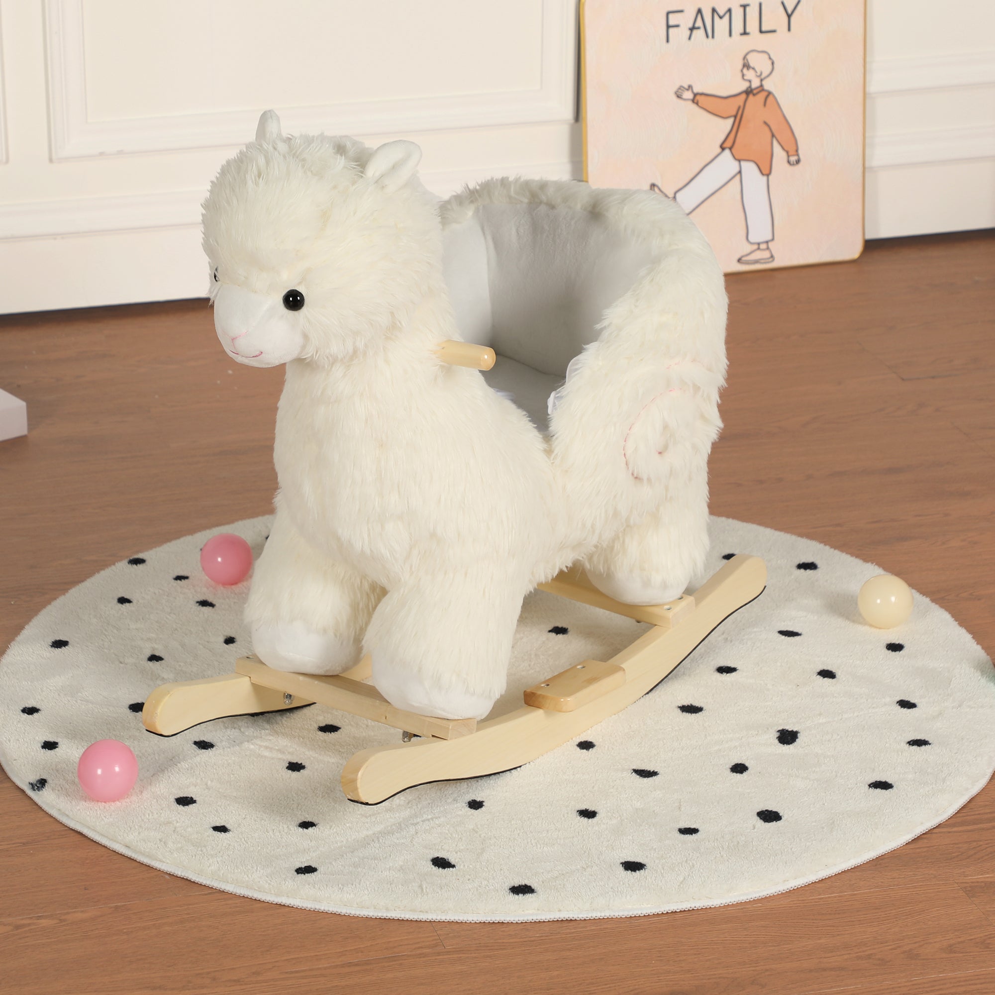 Kids Ride-On Rocking Horse Toy with Jingle Bells.Alpaca Rocking Toy with Hand Puppets and Safety Belt For Children 1-3 Years,Soft Plush Fabric,White,CPC Certified