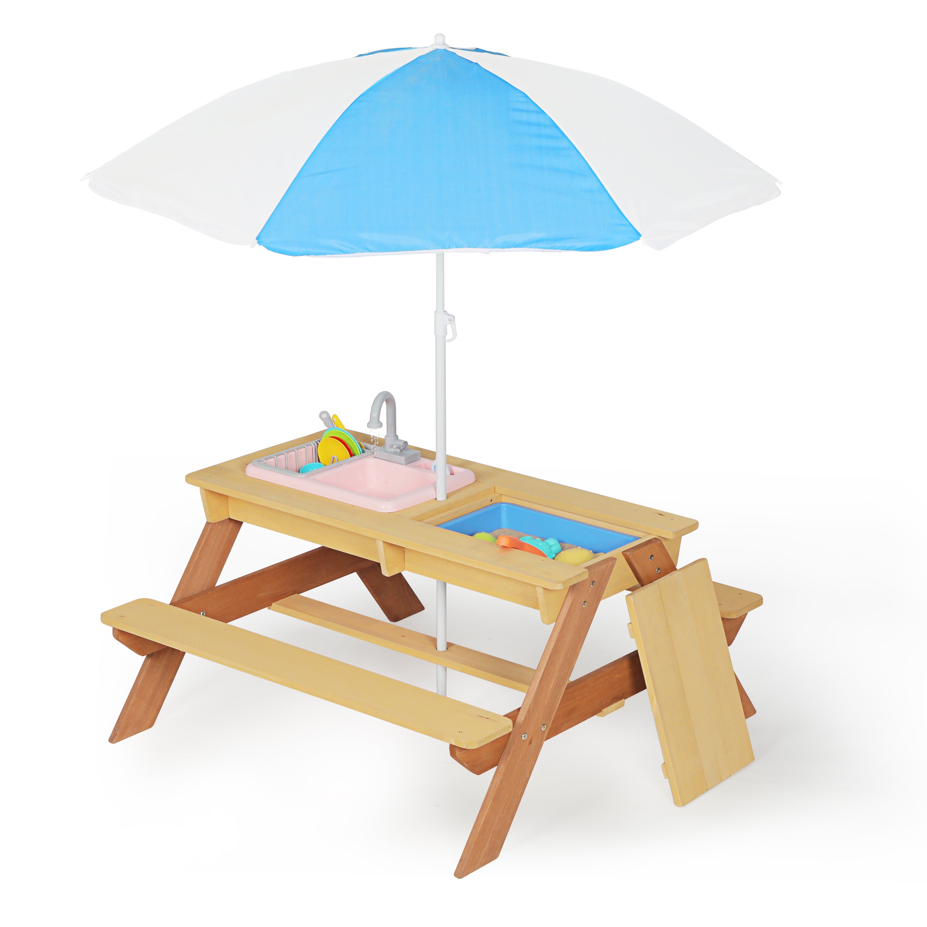 Wooden Kids Picnic Table – Converts to Sand & Water Table, Solid Wood Outdoor Activity Table for Backyard (Reddish Brown/Yellow)