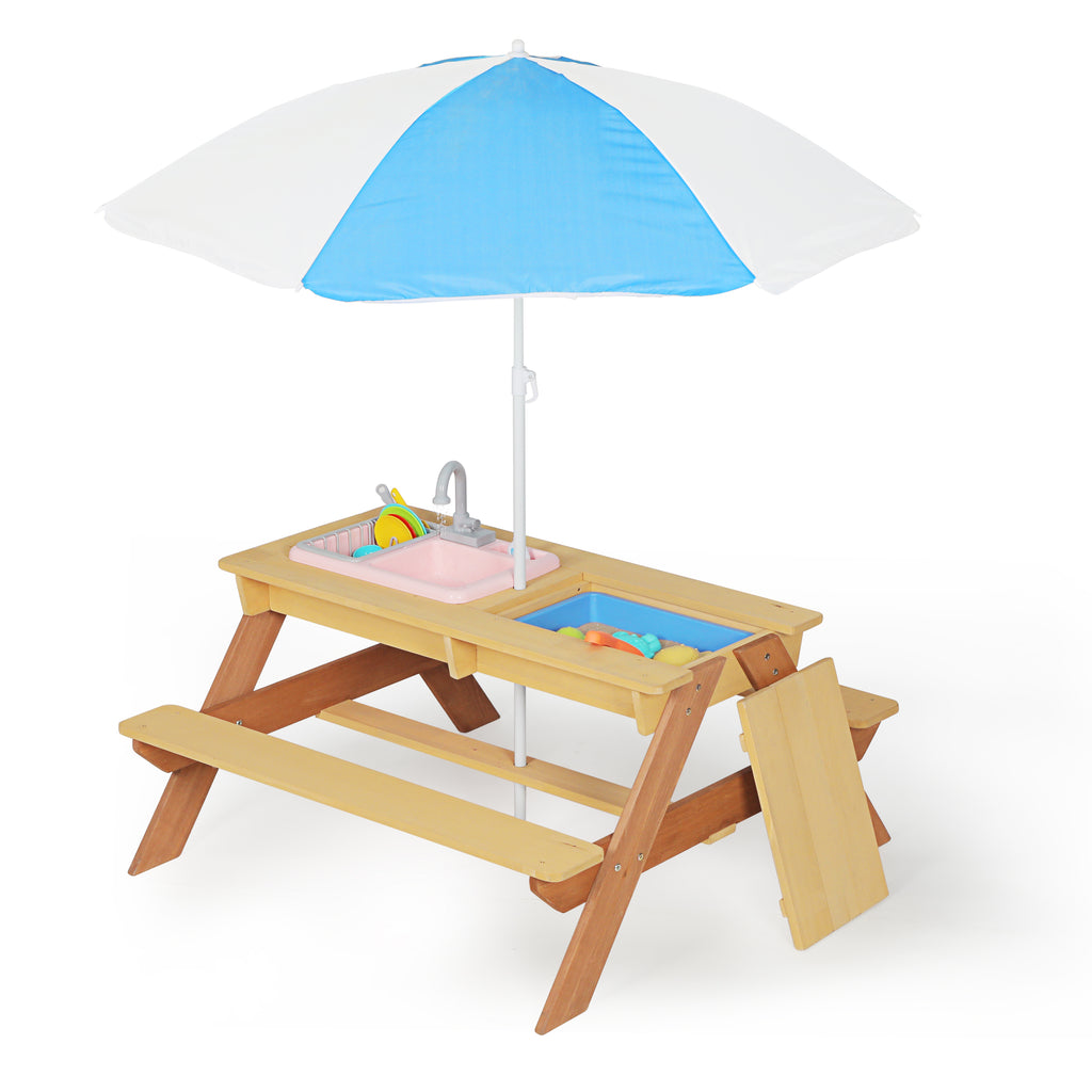 Wooden Kids Picnic Table with Sand and Water Table Conversion, Reddish Brown and Yellow, Solid Wood Activity Table for Outdoor Backyard Patio Play
