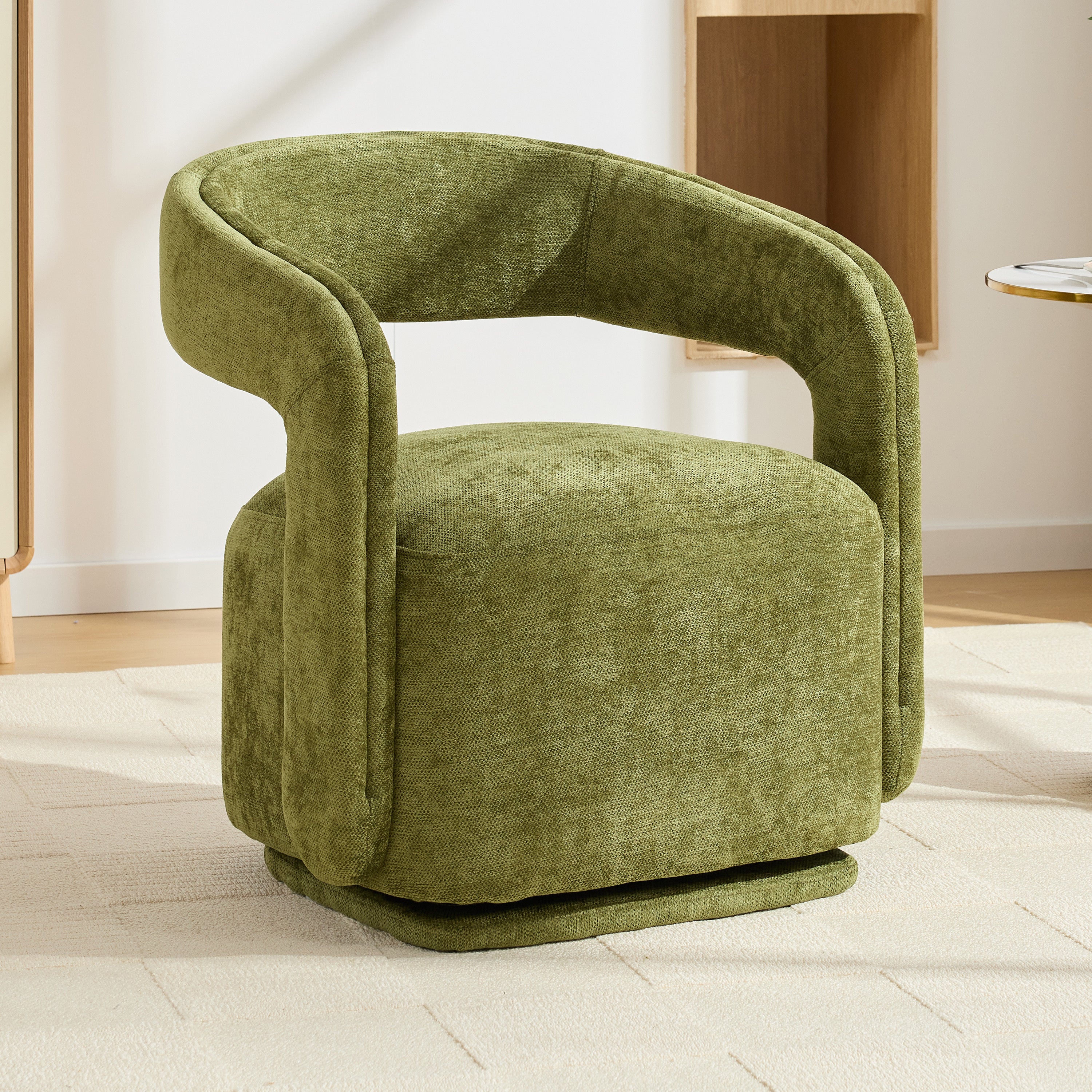 Chenille Fabric Swivel Accent Armchair, Comfy Barrel Leisure Chair With Curved Backrest, Upholstered Reading Chair With Black Swivel Base, 22-inch large seat depth and width, Green