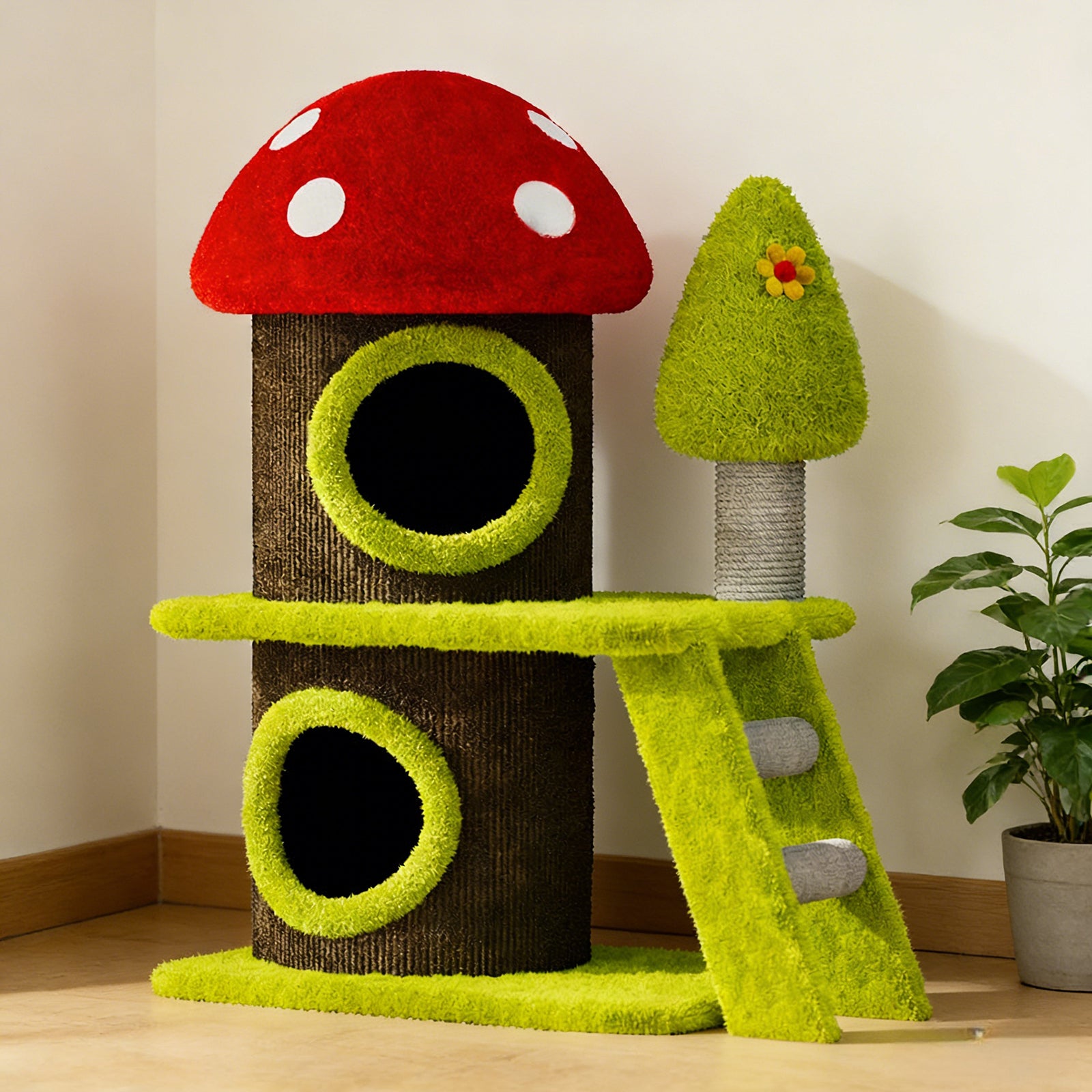 30.7' Modern Cat Tree Tower with Mushroom-Themed Cat House and Sisal Scratching Posts, Suitable for Indoor Use and Multi-Cat Households