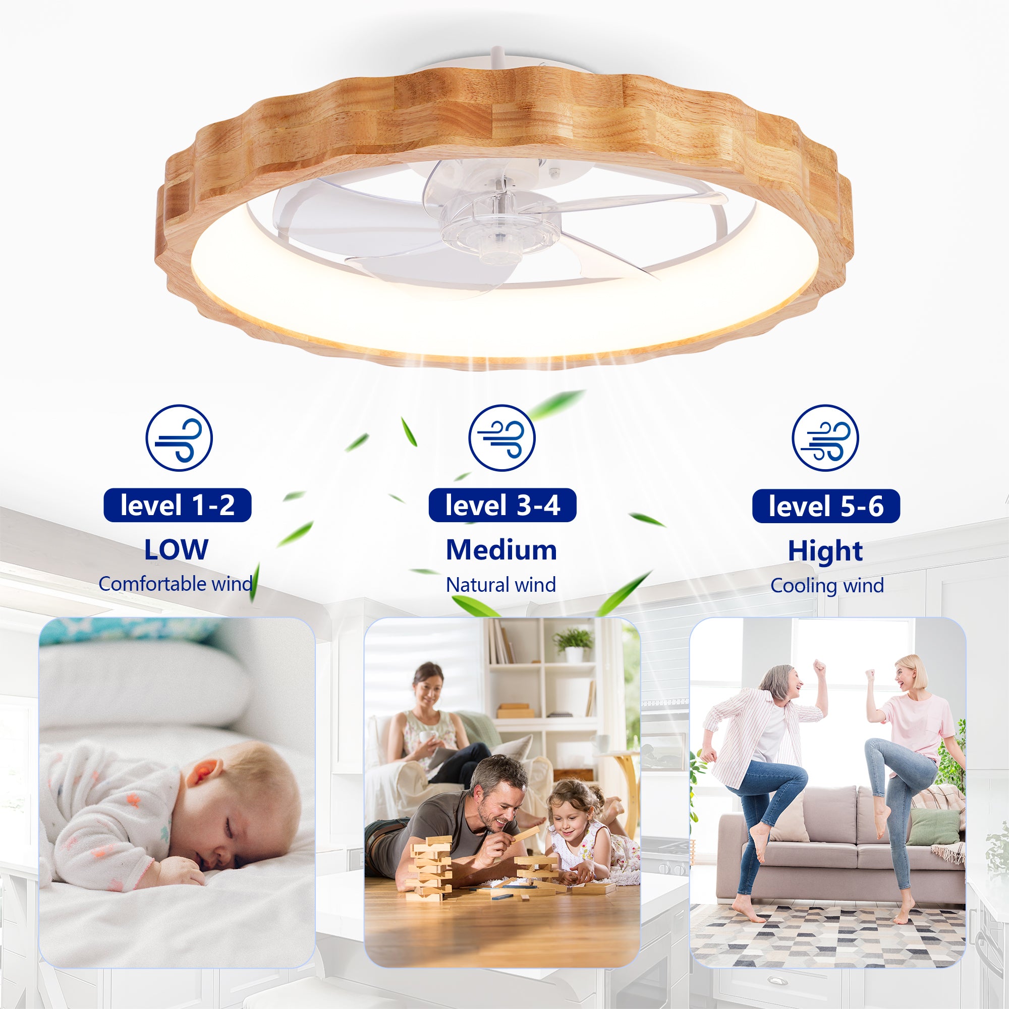 A ceiling-mounted circular LED light fan with a natural wood 