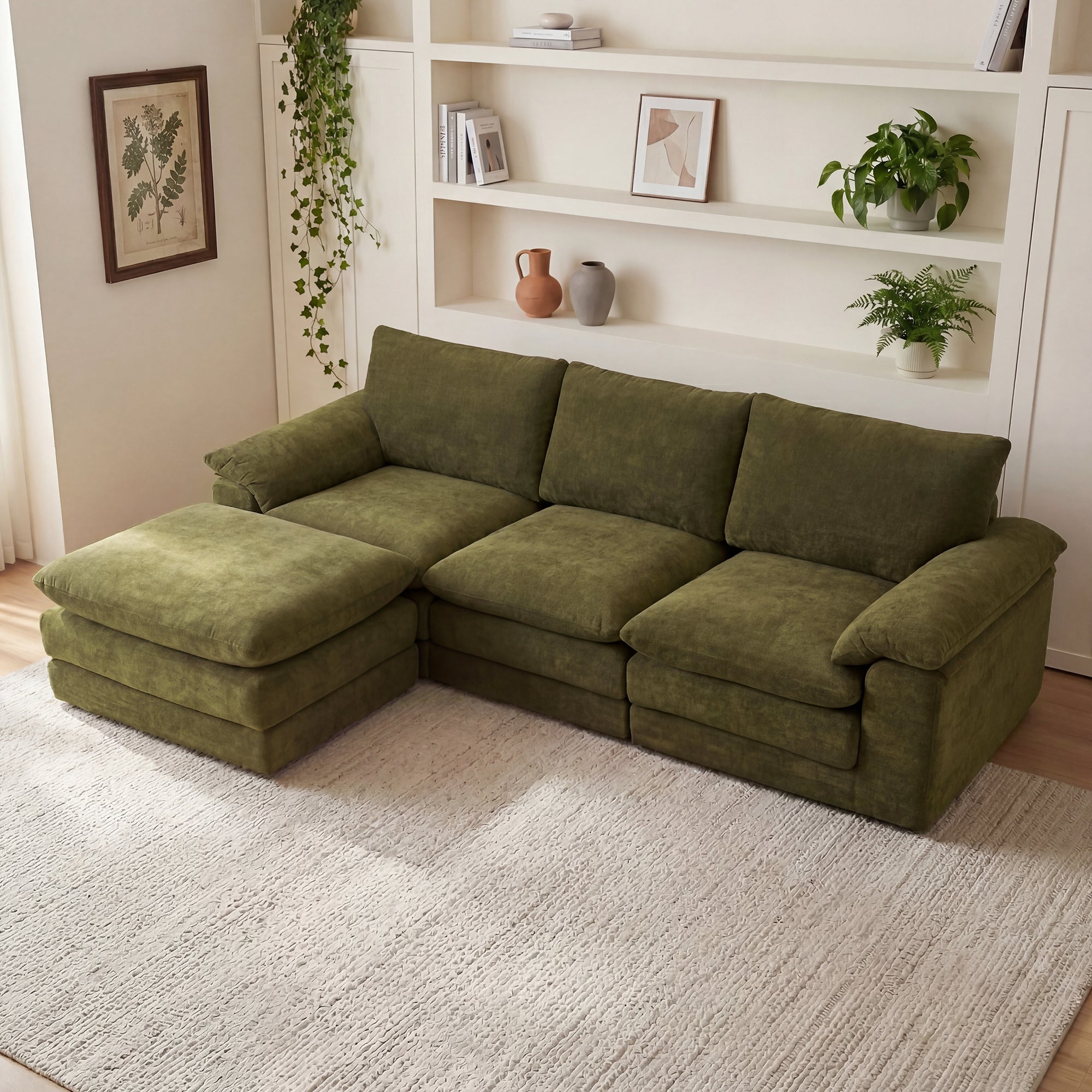 Green Chenille Modular Sectional Sofa – L-Shape 4-Seat Couch with Movable Ottoman & Deep Seat, Soft Pillows for Living Room & Apartment