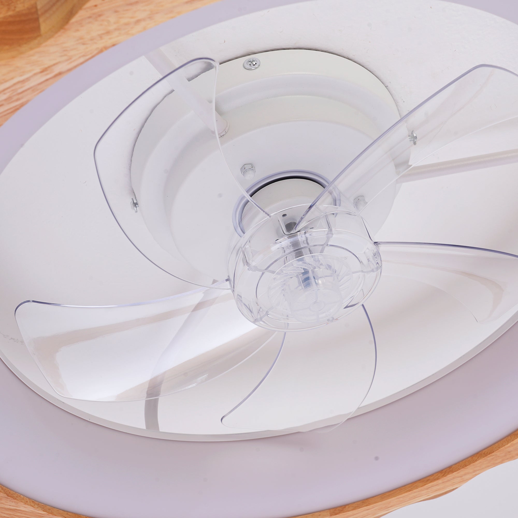A close-up of a white ceiling fan with clear plastic blades and a transparent protective guard, mounted on a white ceiling.