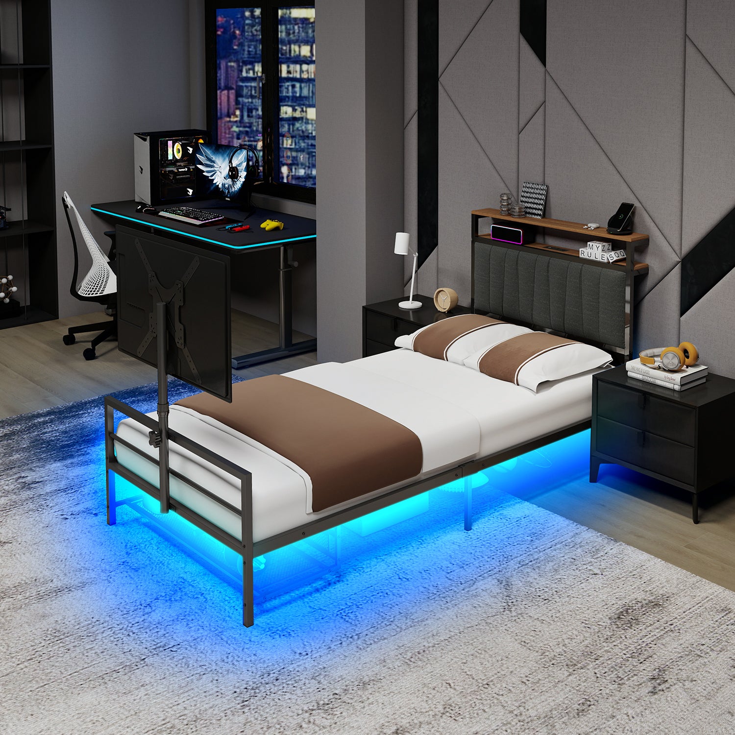 Twin Size Gaming Bed With a Rotating TV Mount Suitable for 65 Inch TVS  And Metal Mesh Frame,Vented Console Storage, iron bed with Led and  Powercoard