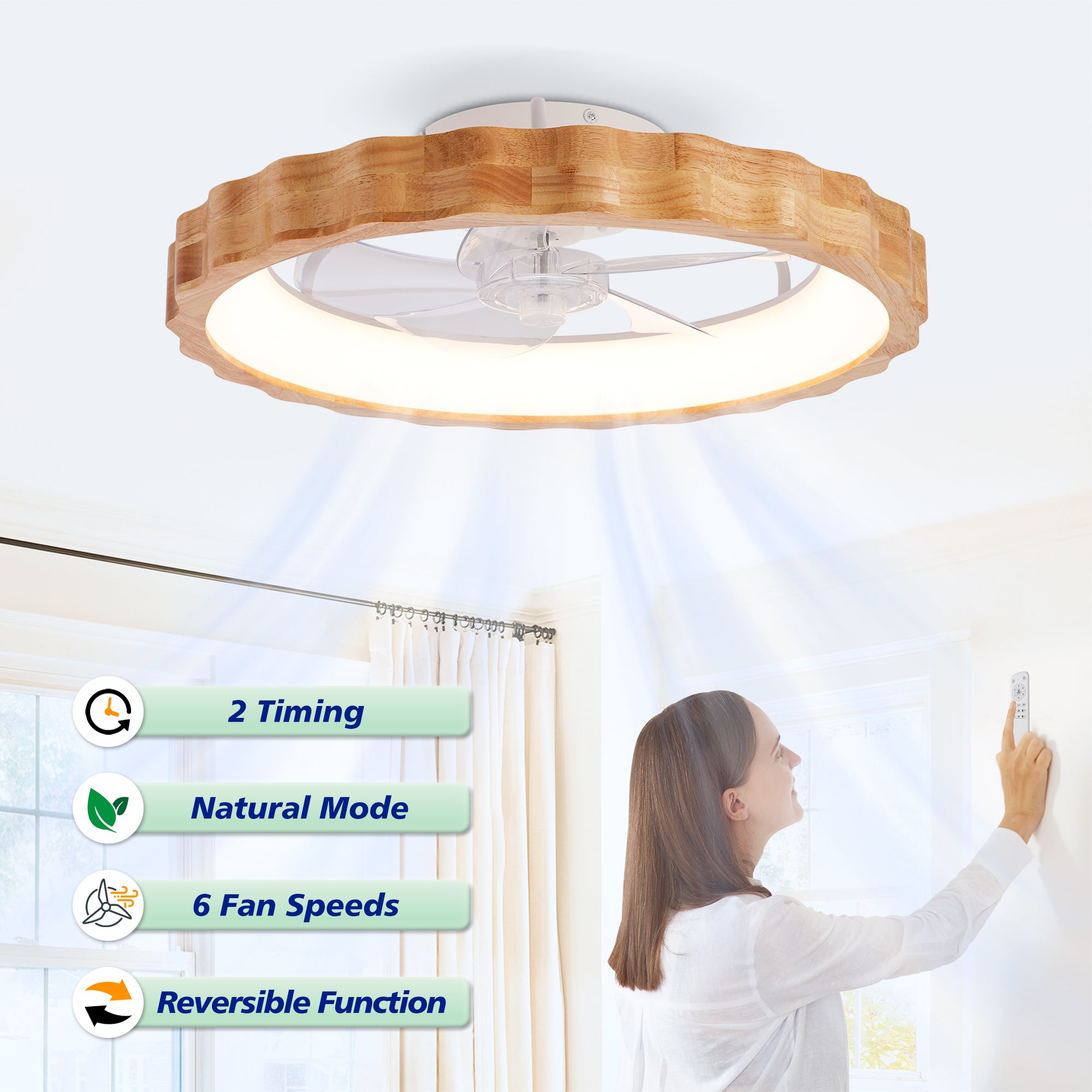 A ceiling-mounted circular light fixture with 2 timing, natural mode, 6 fan speeds, and reversible function.
