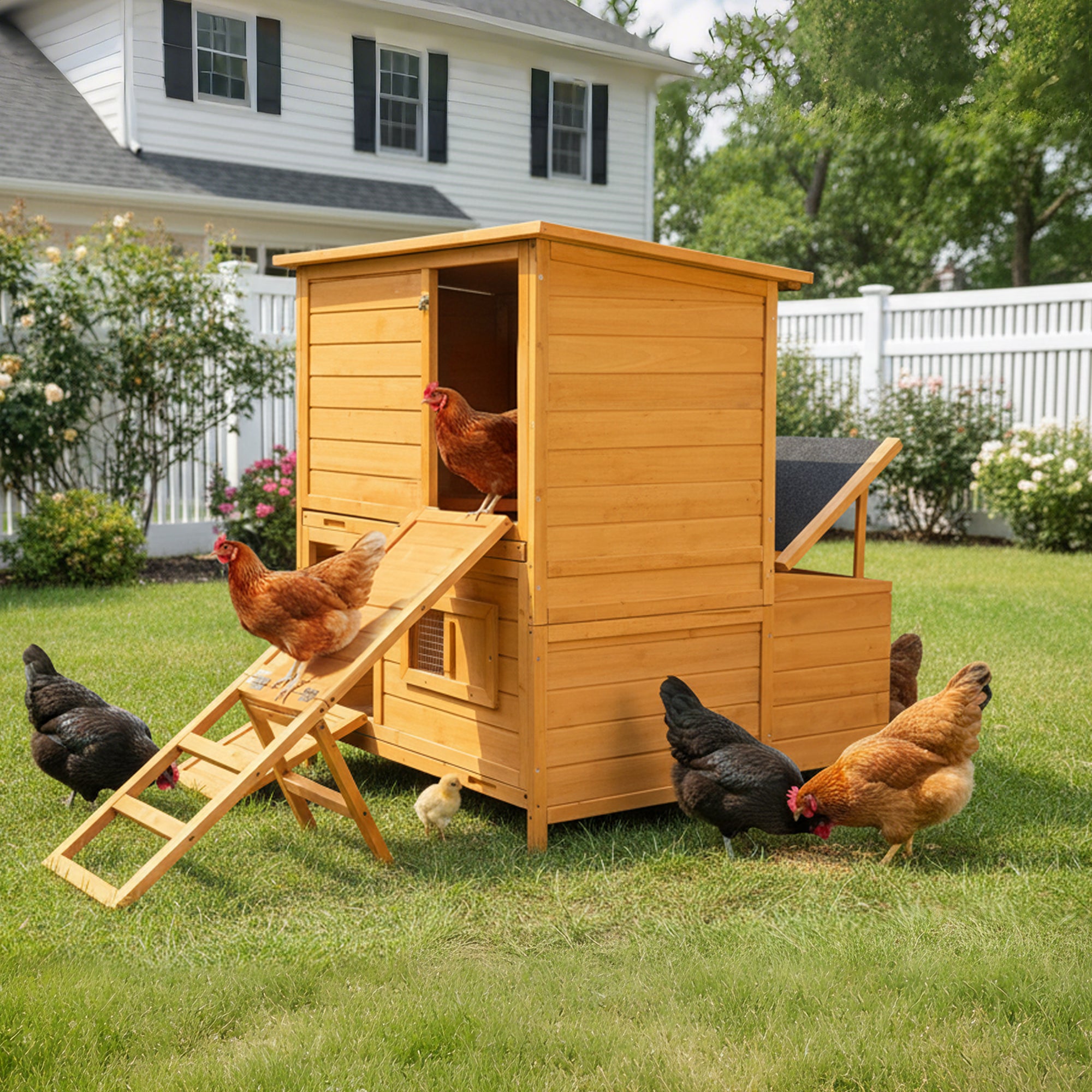 Chicken Coop, Double-House Wooden Chicken Coop For 6-8 Chickens With 3 Nesting Boxes And 2 Pull-Out Trays, Featuring A Foldable Ramp And Asphalt Roof