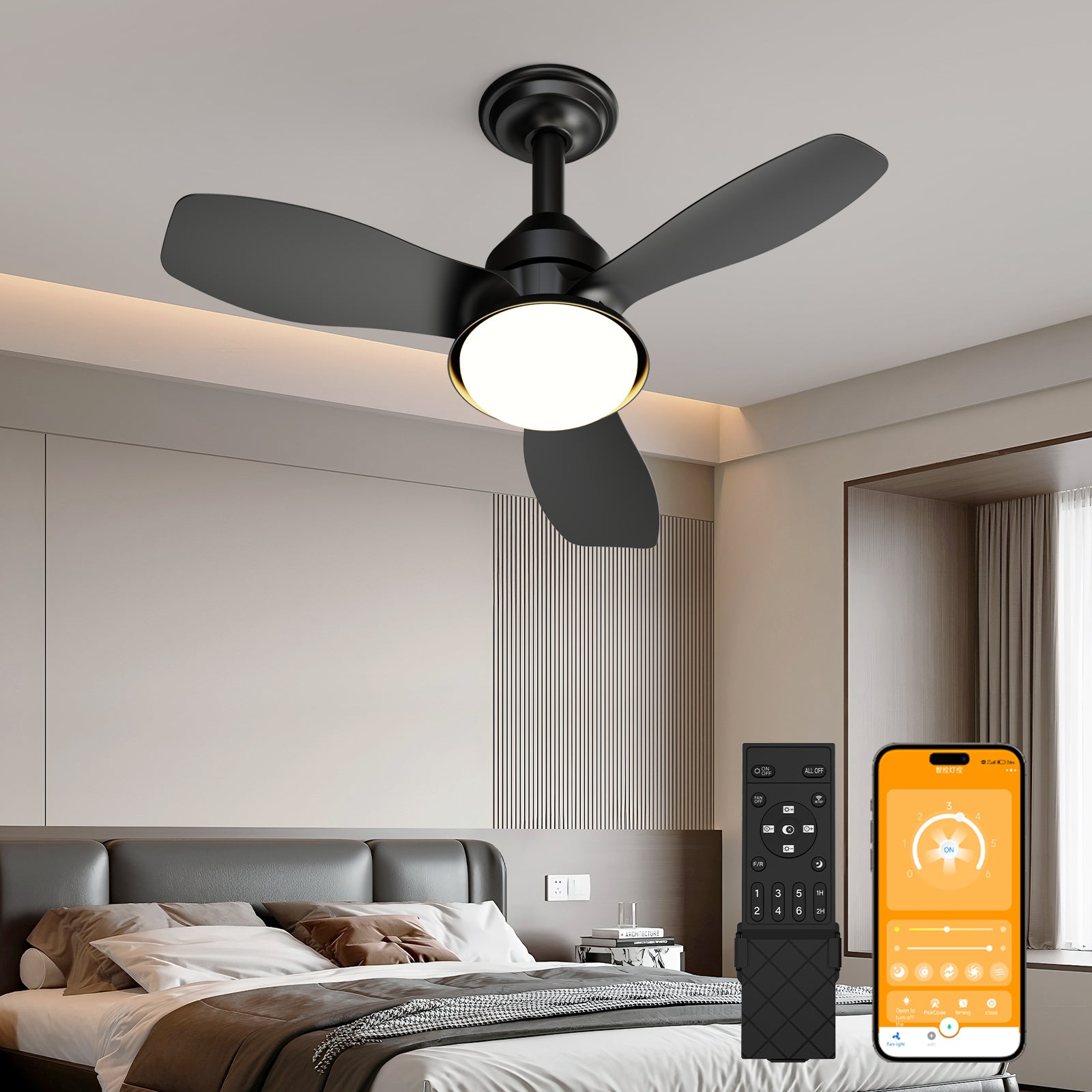 24.4' Black Ceiling Fan with Light, 3 Blades, 6-Speed Reversible Quiet DC Motor, Dimmable LED, APP & Remote Control, Flush Mount for Bedroom Living Room Covered Patio