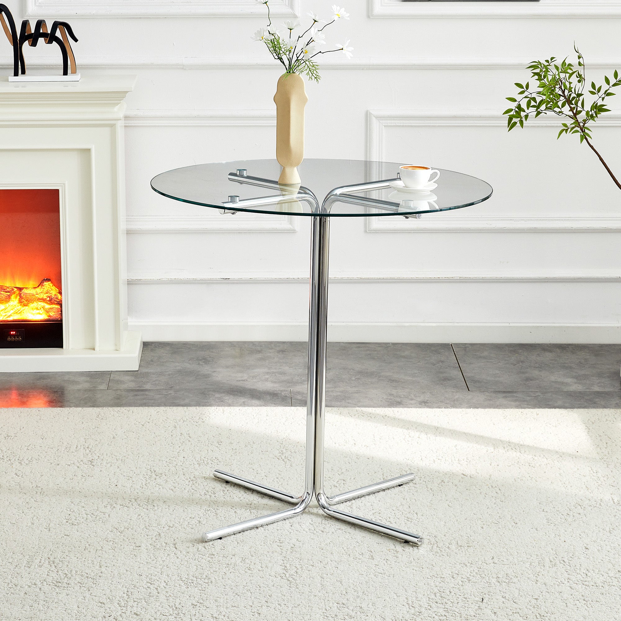 36" Round Tempered Glass Bar Table – Silver Chrome 4-Post Base, Clear High-Top Pub Table for Small Kitchen & Dining Spaces