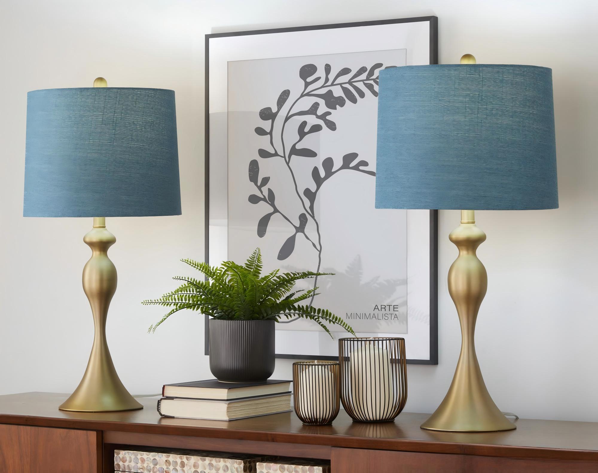 27' Contemporary Metal Table Lamp in Gold Metal with Mon Blue Textured Slub Linen Shade from Grandview Gallery  - Set of 2