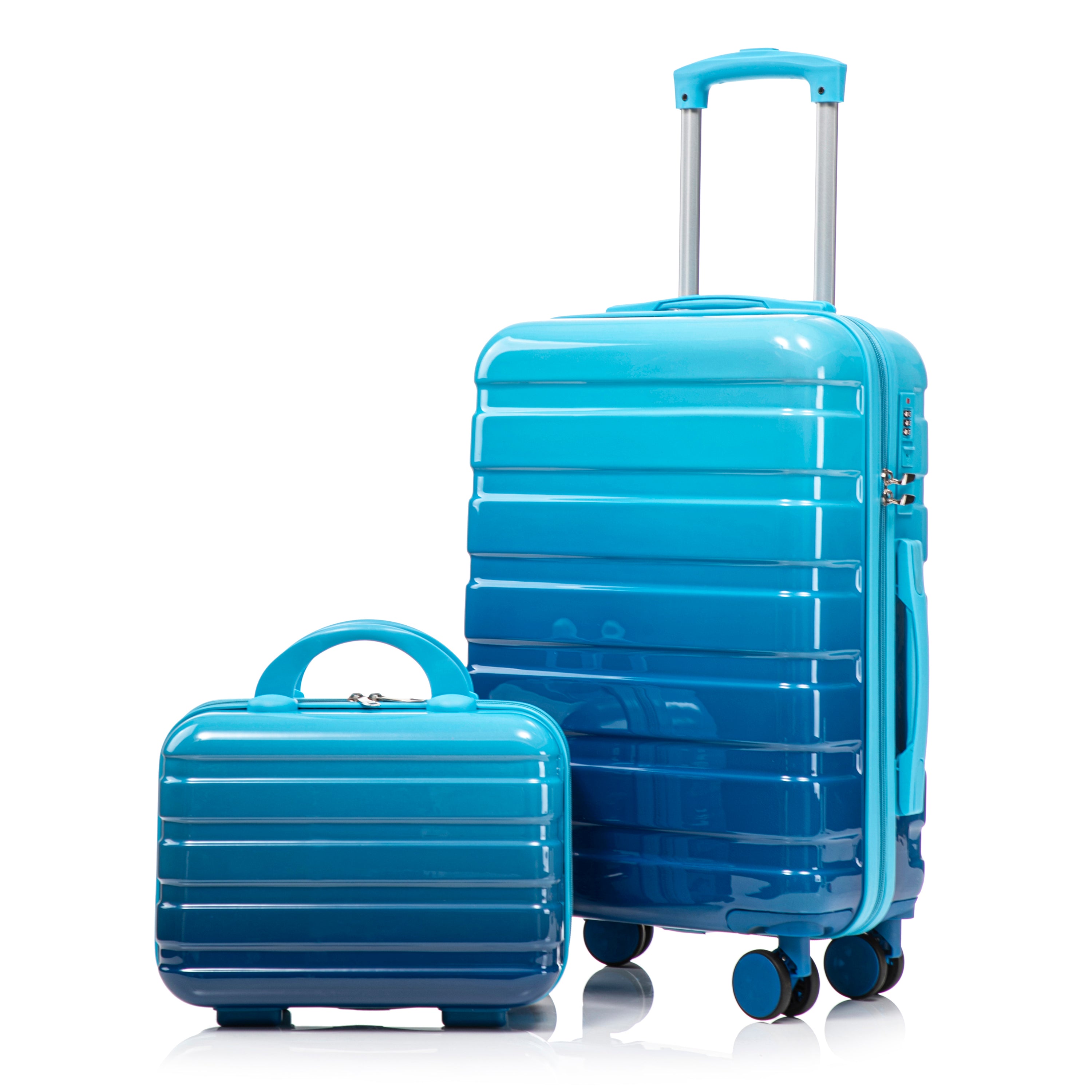 Navy+Light Blue Gradient PC Spinner Luggage Set 14'+20', 2 Pcs with Combination Lock and Cosmetic Case