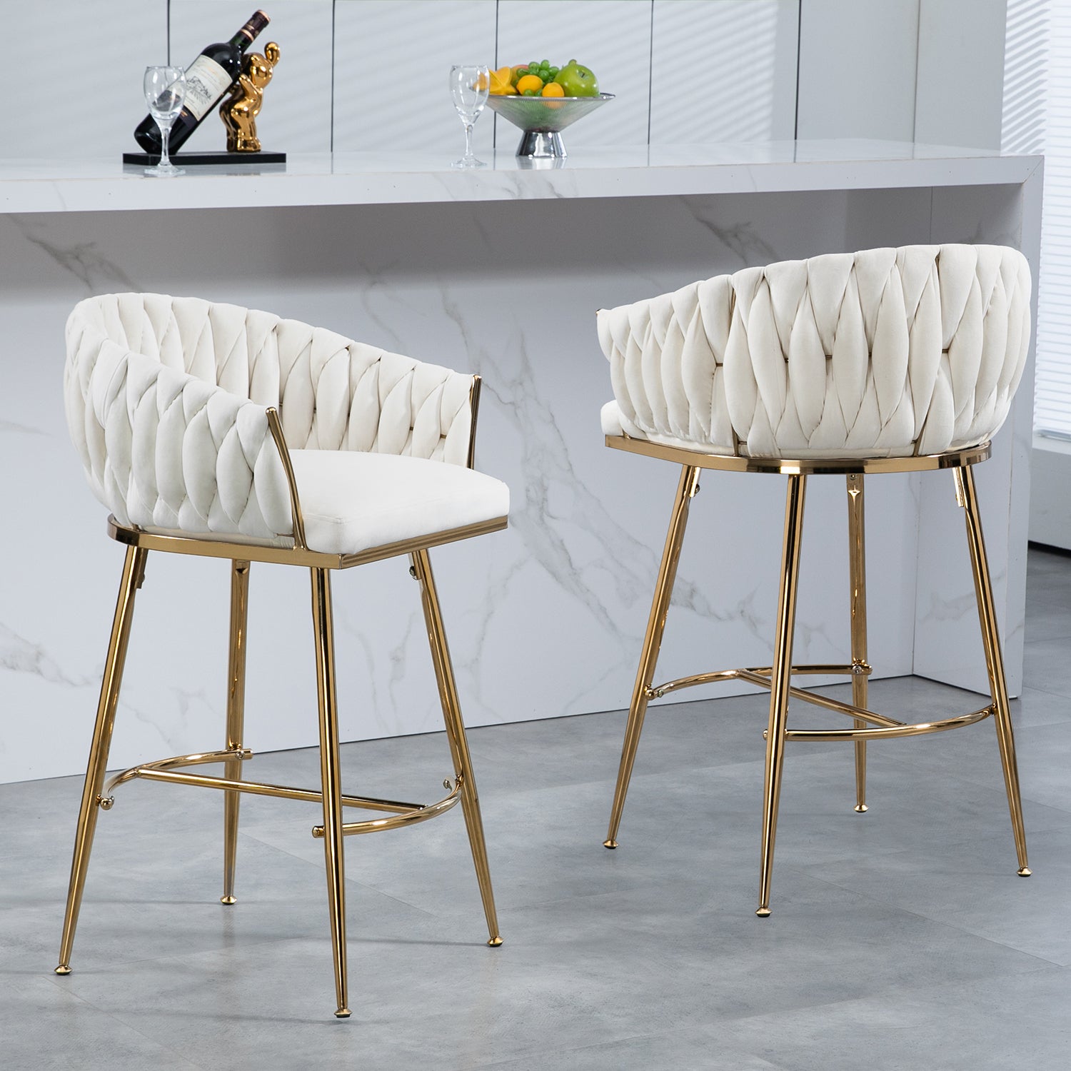 26" Beige Velvet Counter Stools – Gold Chrome Base & Footrest, Hand-Waved Back Bar Stools for Kitchen Island