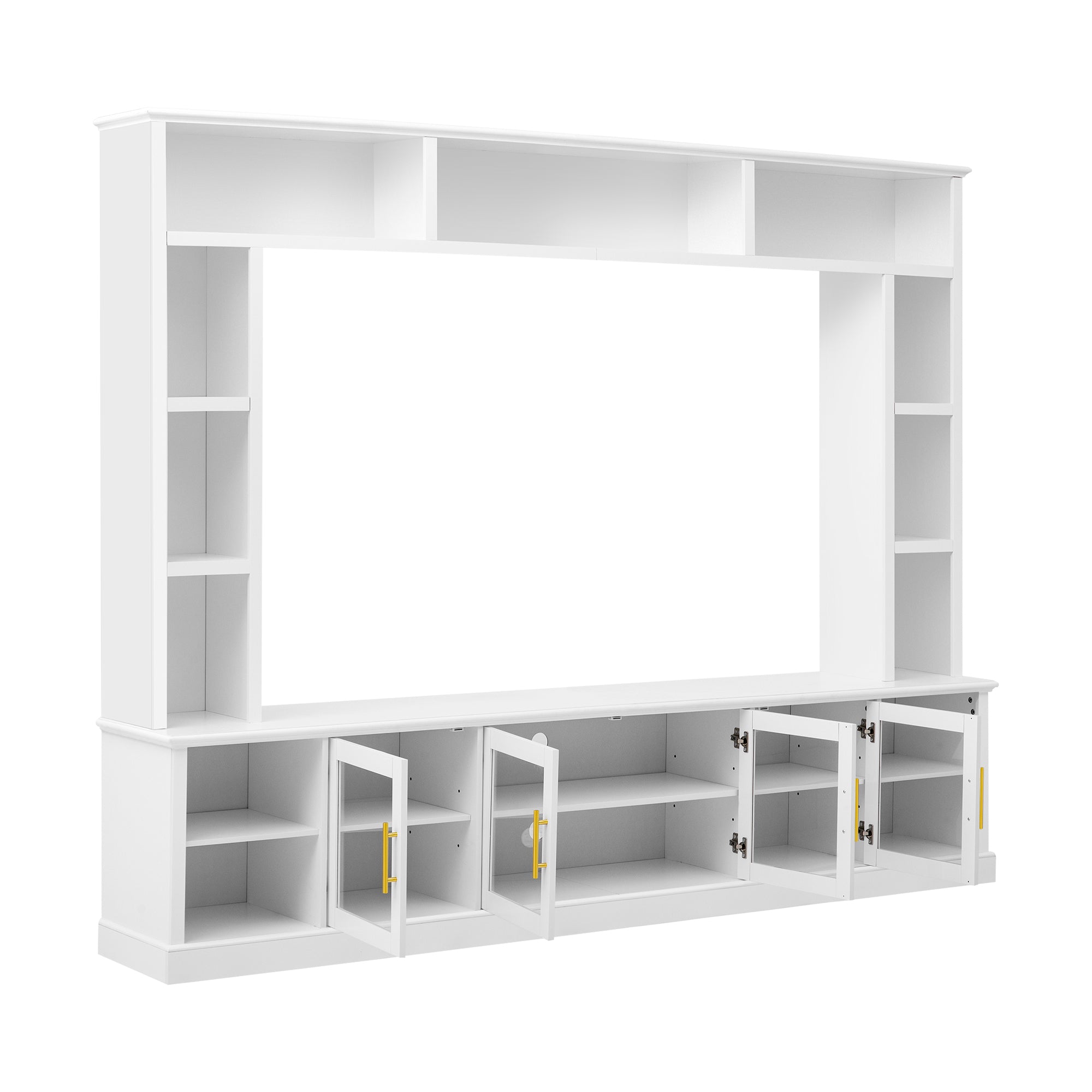 80" White TV Stand & Bookshelf Combo – Modern Entertainment Center with Tempered Glass Doors, MDF Media Console