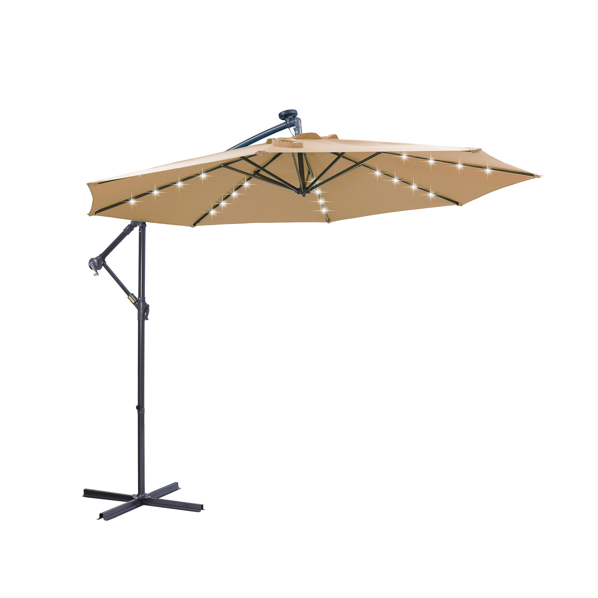 10ft Cantilever Patio Umbrella with 32 LEDs – Easy-Adjust Hanging Offset Umbrella, Taupe Metal Frame