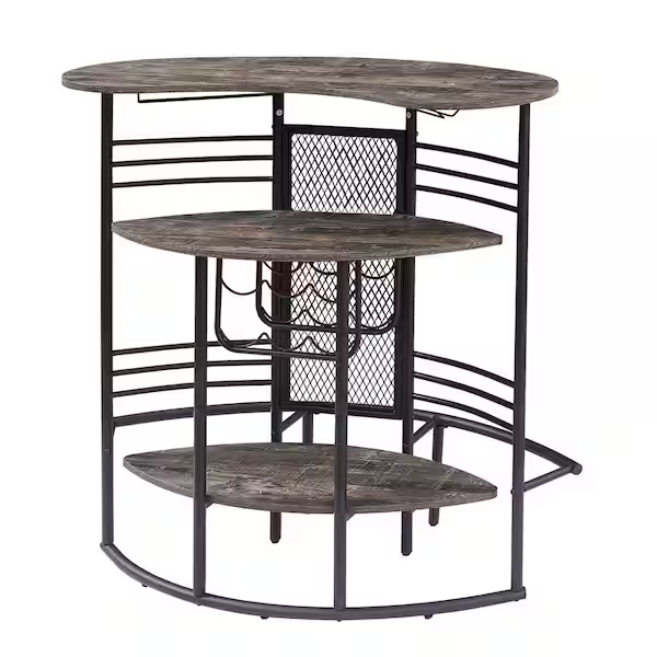 Brown Oval Bar Table – Wood Counter Top with Built-in Wine Rack & Stemware Storage for Dining Room