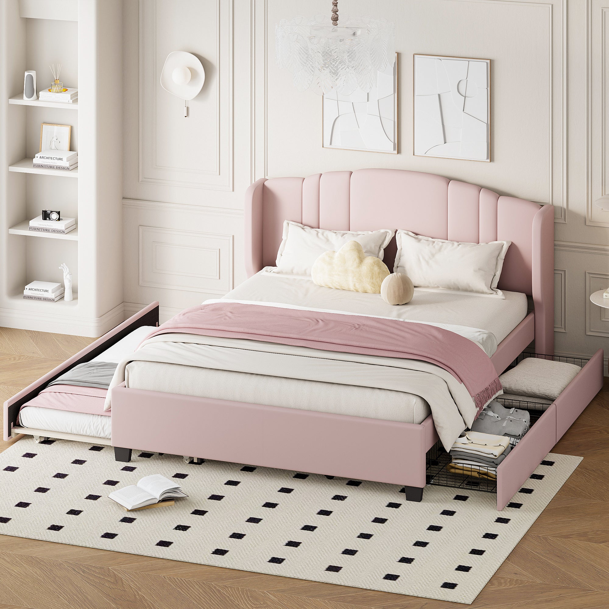 Pink Queen Upholstered Platform Bed – Wingback Headboard with Twin Trundle & 2 Drawers, Linen Fabric, No Box Spring Needed