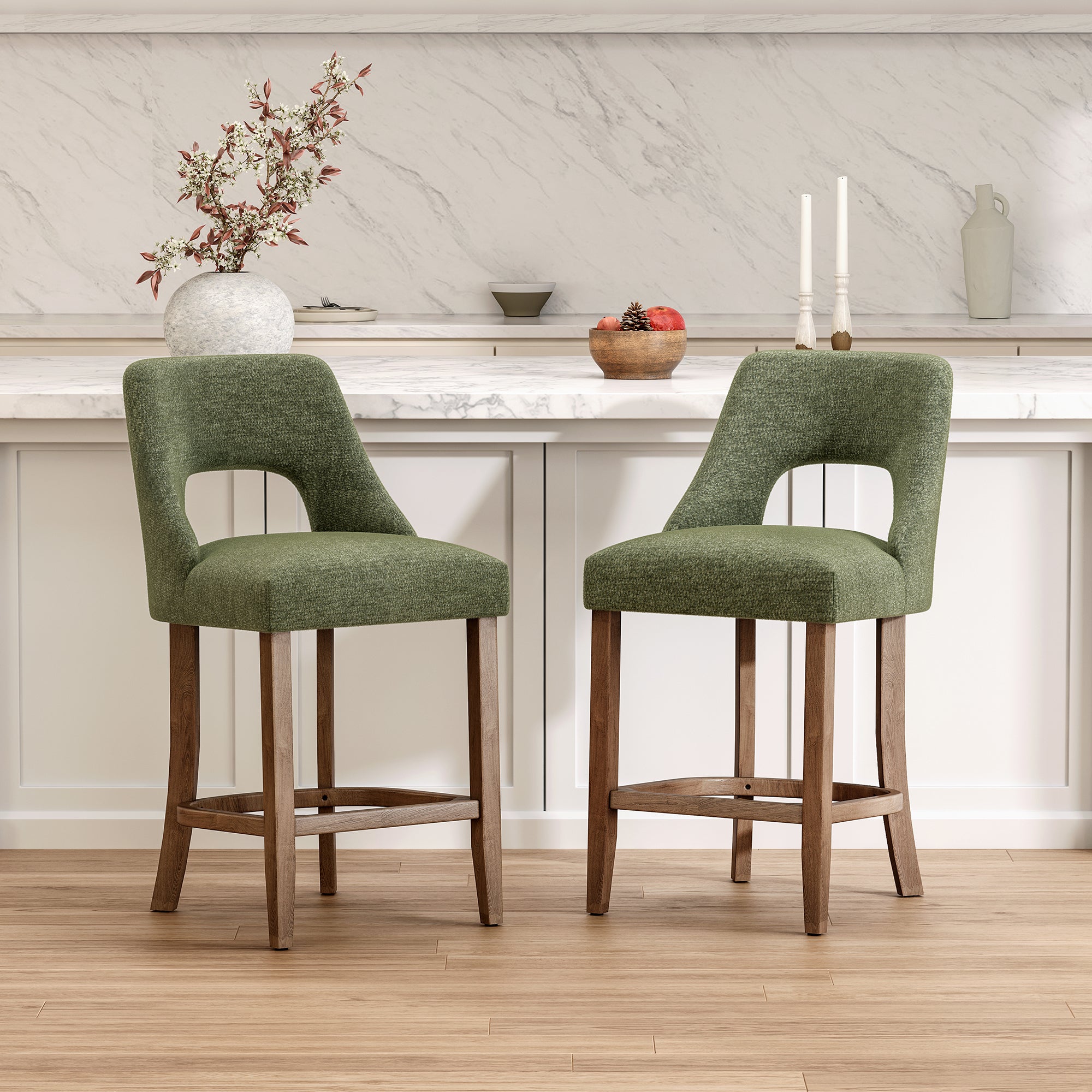 Set of 2 Green Velvet Bar Stools, 26" Counter Height Upholstered Stools with Wood Legs, Modern Kitchen Island Chairs, Backless or Low Back Barstools for Dining Room