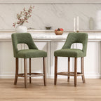 Set of 2 Green Velvet Bar Stools, 26" Counter Height Upholstered Stools with Wood Legs, Modern Kitchen Island Chairs, Backless or Low Back Barstools for Dining Room