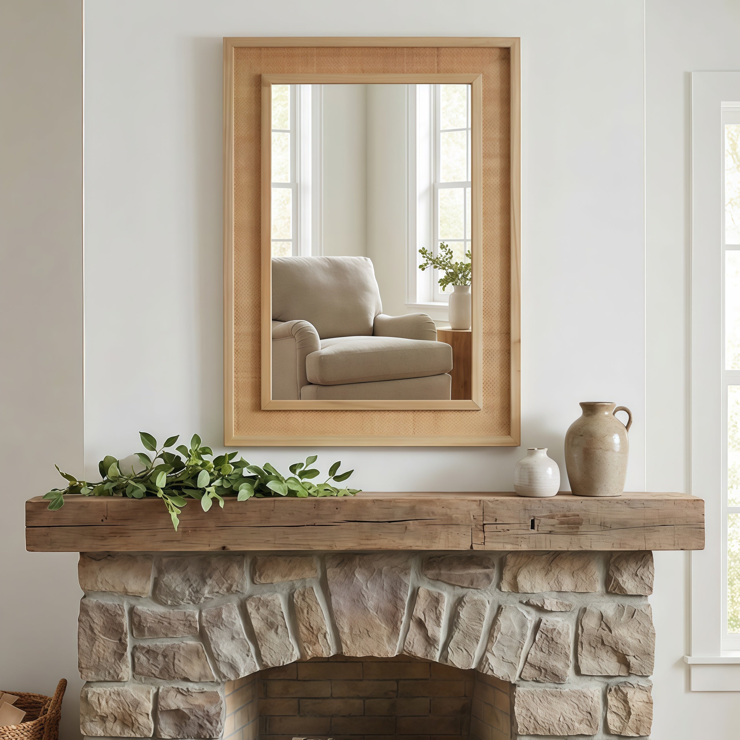 Natural Wood Color 20'x30' Rattan Rectangle Solid Wood Frame Decorative Mirror,For Farmhouse,Bathroom,Home Decor,Entryway