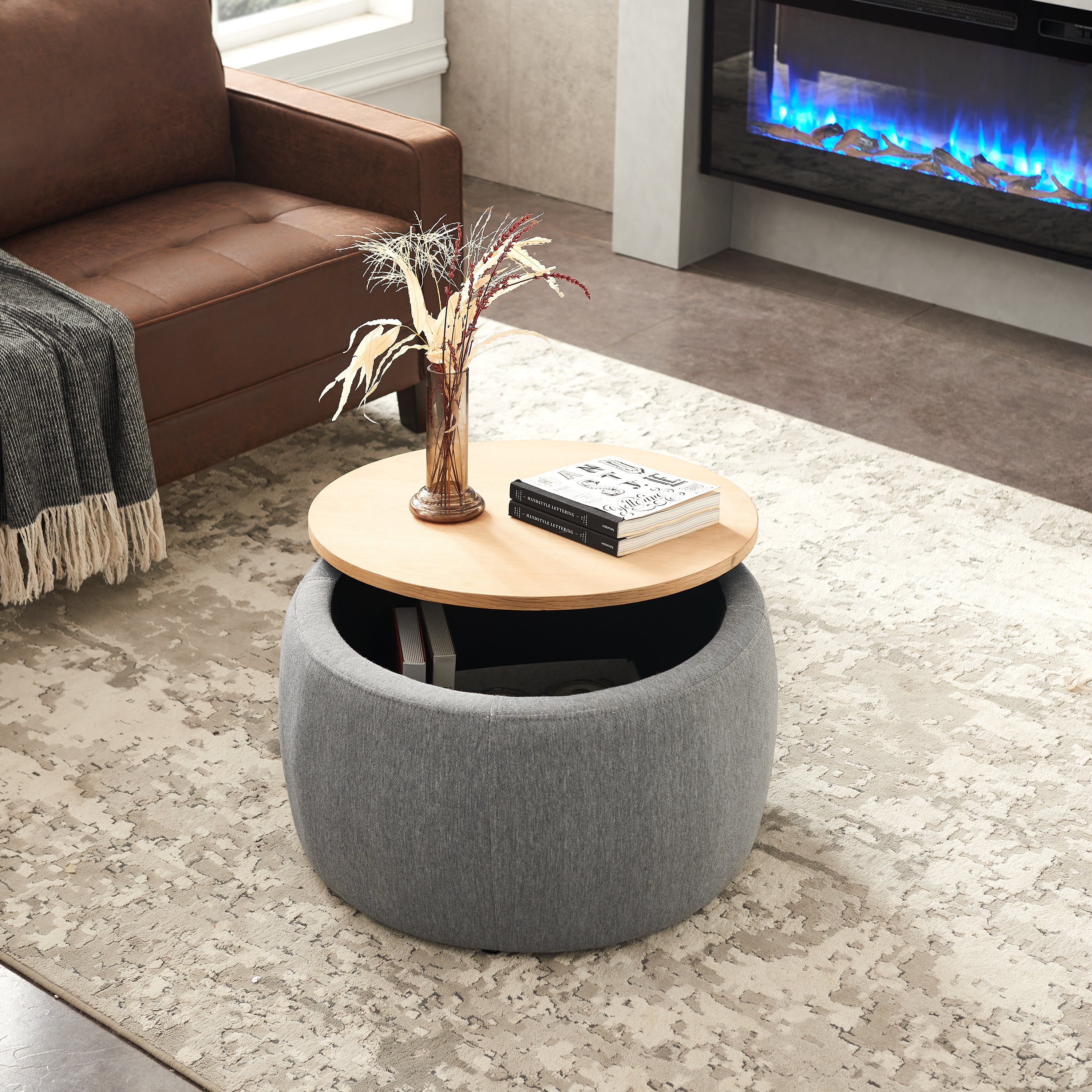 25.5" Round Dark Grey Storage Ottoman – 2-in-1 Coffee Table & Ottoman, Upholstered Footstool with Hidden Storage