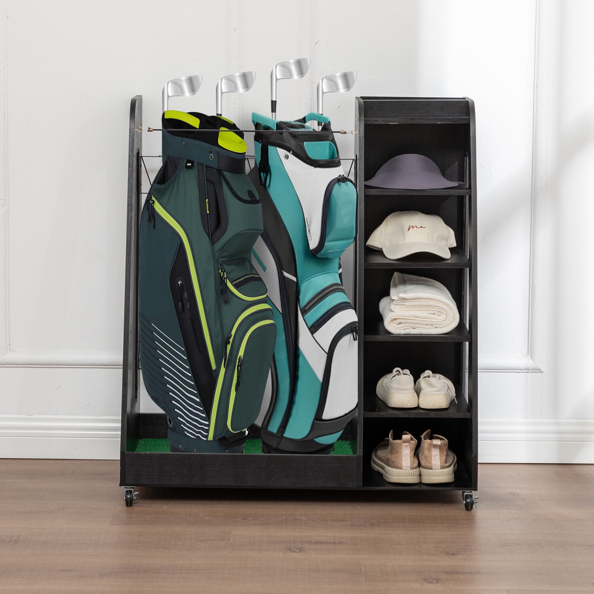 Golf Bag Organizer for Garage, Premium Wooden Golf Clubs Storage Rack Fit 2 Golf Bags, Golf Trunk Organizer for Car Garage Club Shed Basement,Black