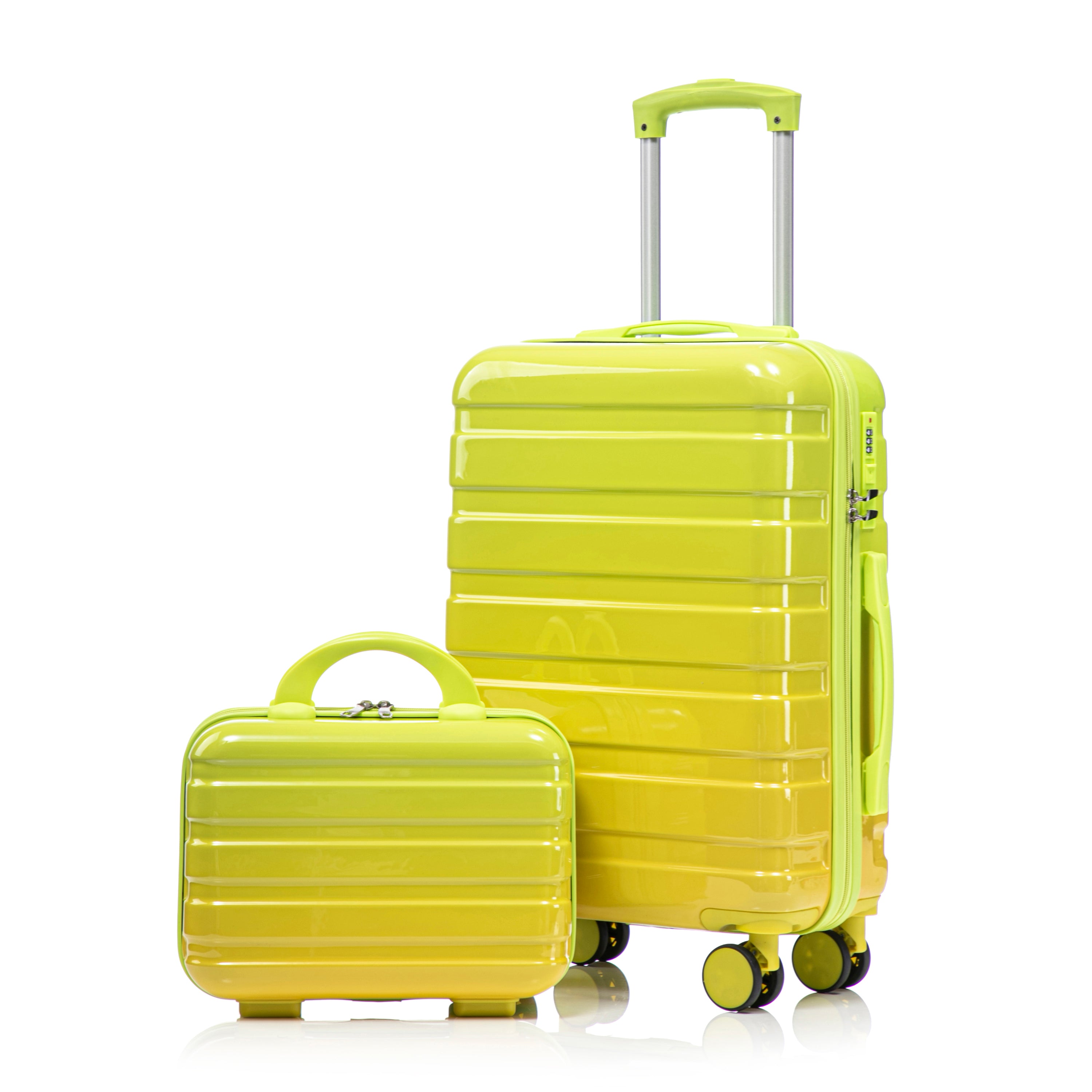 Green+Yellow Gradient PC Spinner Luggage Set 14'+20', Carry On Suitcase with Combination Lock and Cosmetic Case