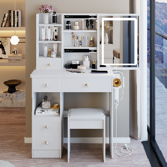 29" Small Vanity Table Set – LED Sliding Mirror, Charging Station & Cushioned Stool, Compact Makeup Desk for Bedroom