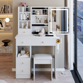 29.2' Small Size Left Drawer Desktop Vanity Table + Cushioned Stool, 2 AC+2 USB Power Station, Hair dryer bracket, Extra Large Touch Control Sliding LED Mirror, Tri-color Switching, Brightness Adjust